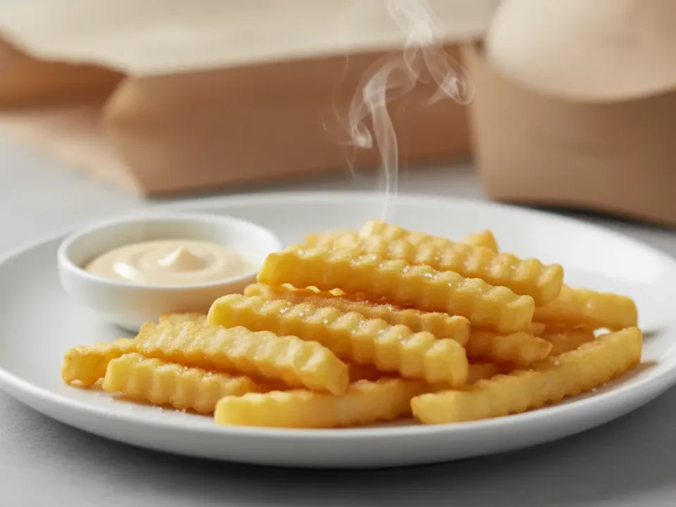 Heiße Crinkle-Fritten mit Dip und Dampf auf Teller.