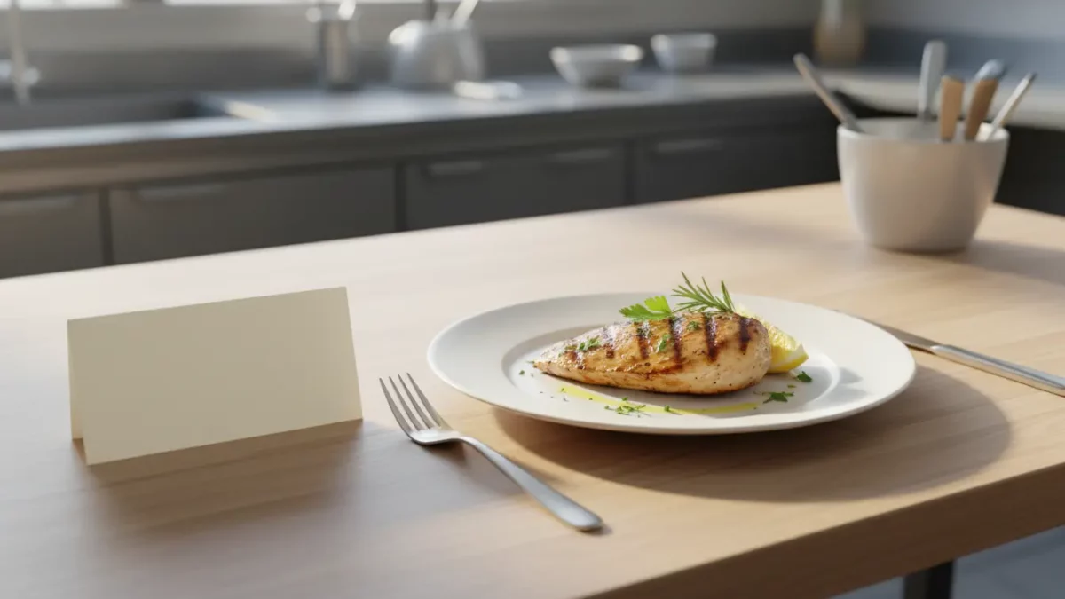 Gegrillte Hähnchenbrust auf Teller, Zitronenscheibe daneben.