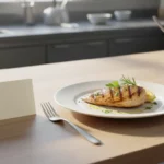Gegrillte Hähnchenbrust auf Teller, Zitronenscheibe daneben.