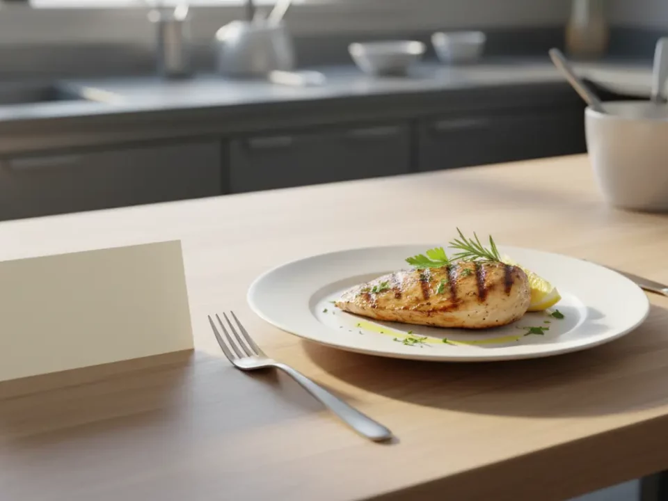 Gegrillte Hähnchenbrust auf Teller, Zitronenscheibe daneben.