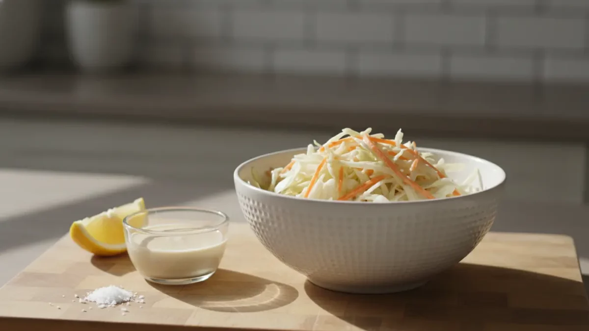 Weiße Schüssel mit Krautsalat, Dressing und Zitronenscheibe