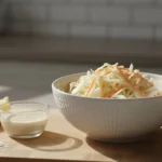 Weiße Schüssel mit Krautsalat, Dressing und Zitronenscheibe