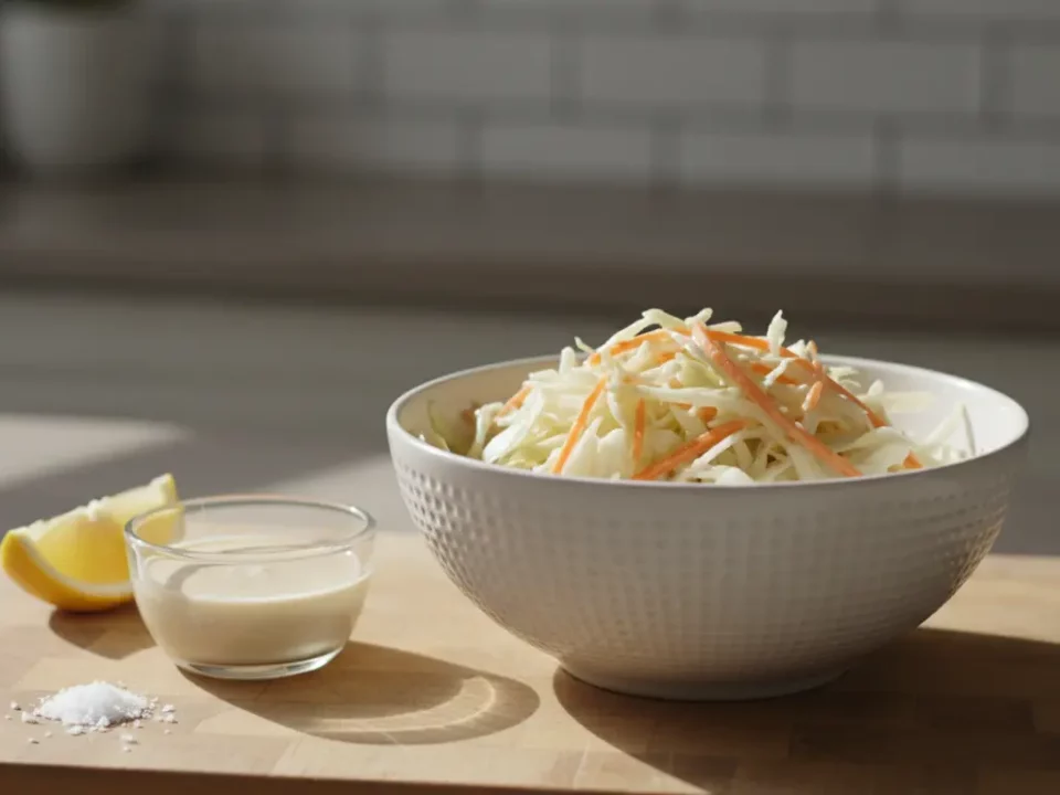 Weiße Schüssel mit Krautsalat, Dressing und Zitronenscheibe