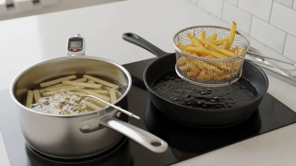 Kochtopf mit Nudeln, Pfanne mit Pommeskorb darüber.