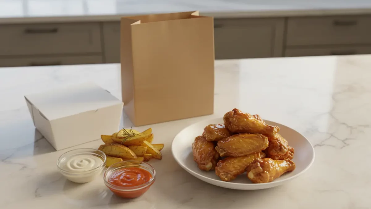 Hähnchenflügel mit Pommes und Dips auf Kücheninsel.