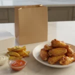 Hähnchenflügel mit Pommes und Dips auf Kücheninsel.