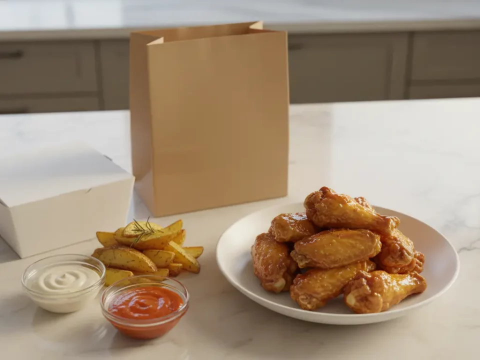 Hähnchenflügel mit Pommes und Dips auf Kücheninsel.
