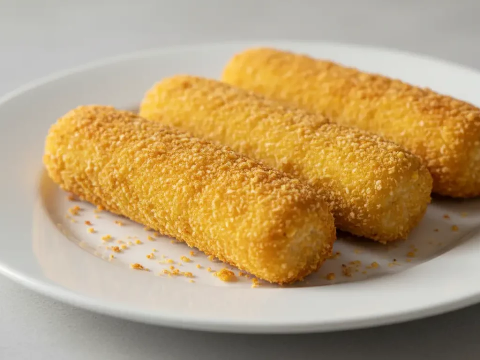 Drei knusprige Kroketten auf weißem Teller.