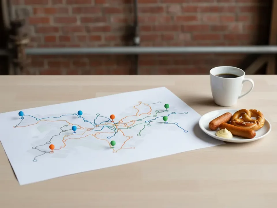 Karte mit bunten Stecknadeln, Kaffee und Gebäck.