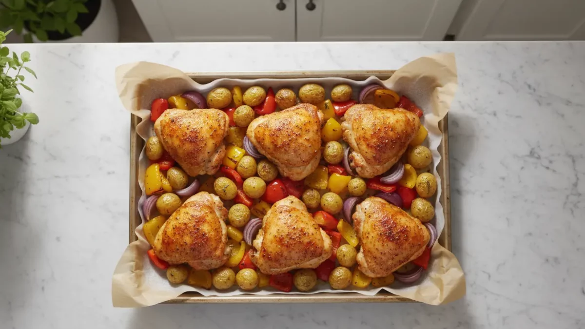 Ofenbackene Hähnchenkeulen mit Paprika, Kartoffeln und Zwiebeln
