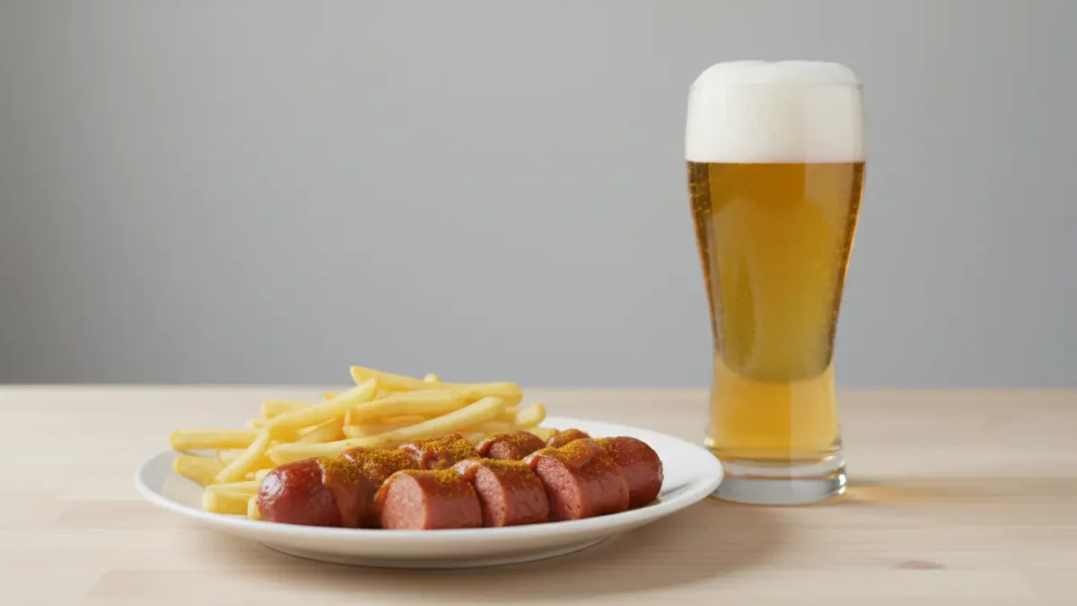 Würstchen mit Pommes und Bier auf dem Tisch