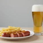 Würstchen mit Pommes und Bier auf dem Tisch