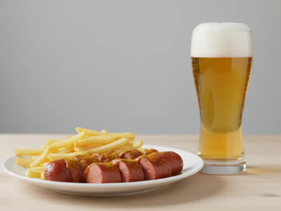 Würstchen mit Pommes und Bier auf dem Tisch
