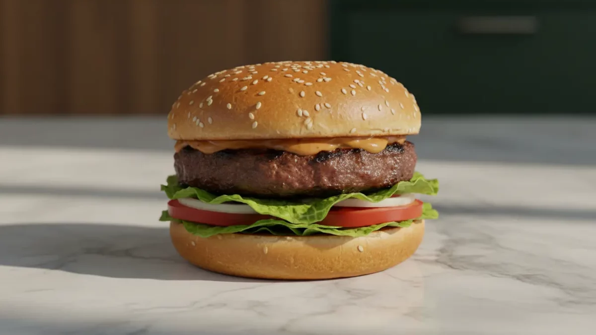 Sesam-Hamburger mit Patty, Salat, Tomate und Sauce
