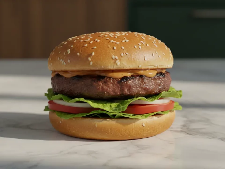 Sesam-Hamburger mit Patty, Salat, Tomate und Sauce