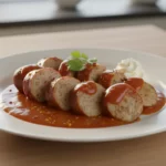 Wurstscheiben in roter Sauce auf dem Teller.