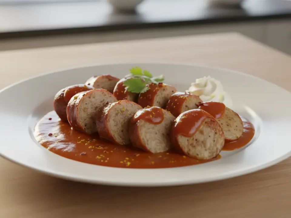 Wurstscheiben in roter Sauce auf dem Teller.