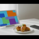 Tablet auf Ständer neben Smartphone, Teller mit Hähnchenflügeln.