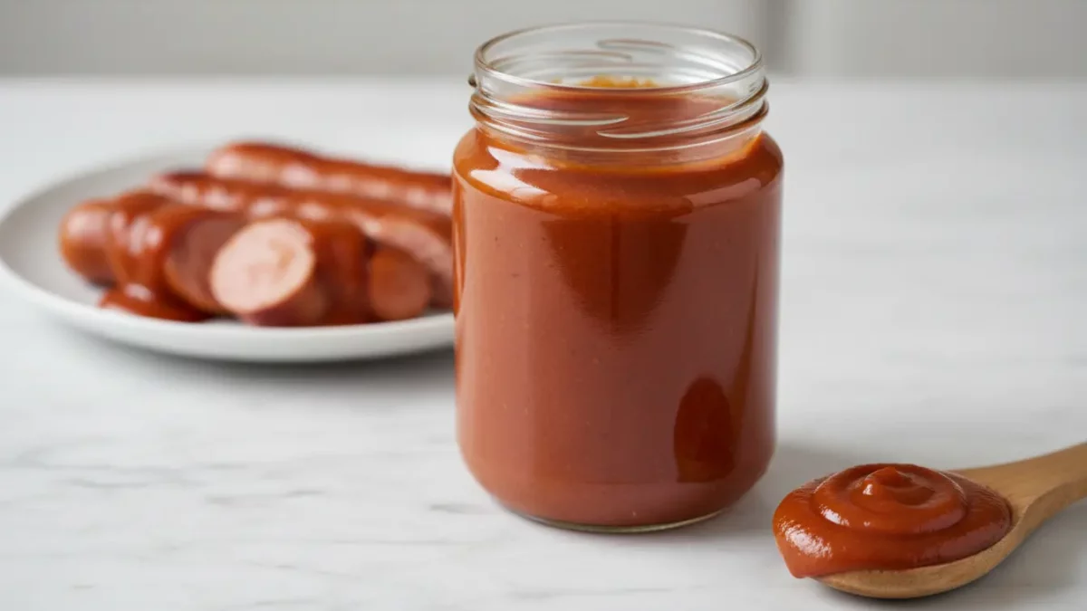 Glas rote Sauce mit Löffel, Würstchen im Hintergrund.