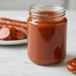 Glas rote Sauce mit Löffel, Würstchen im Hintergrund.