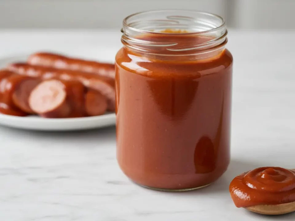 Glas rote Sauce mit Löffel, Würstchen im Hintergrund.