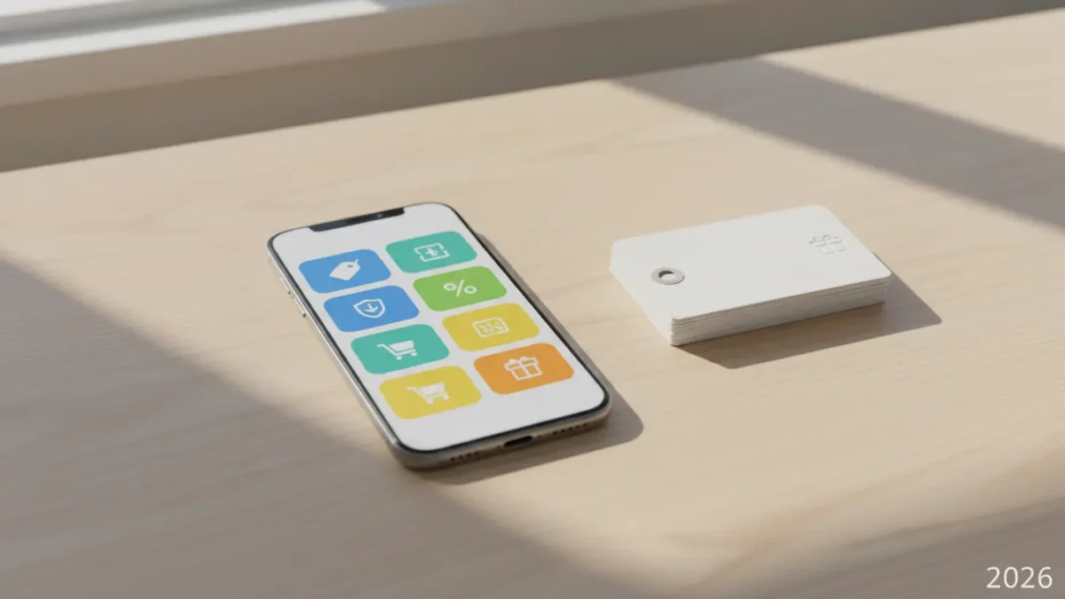 Smartphone mit bunten Apps neben Kartenstapel auf Holz, 2026.
