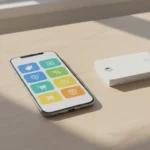 Smartphone mit bunten Apps neben Kartenstapel auf Holz, 2026.