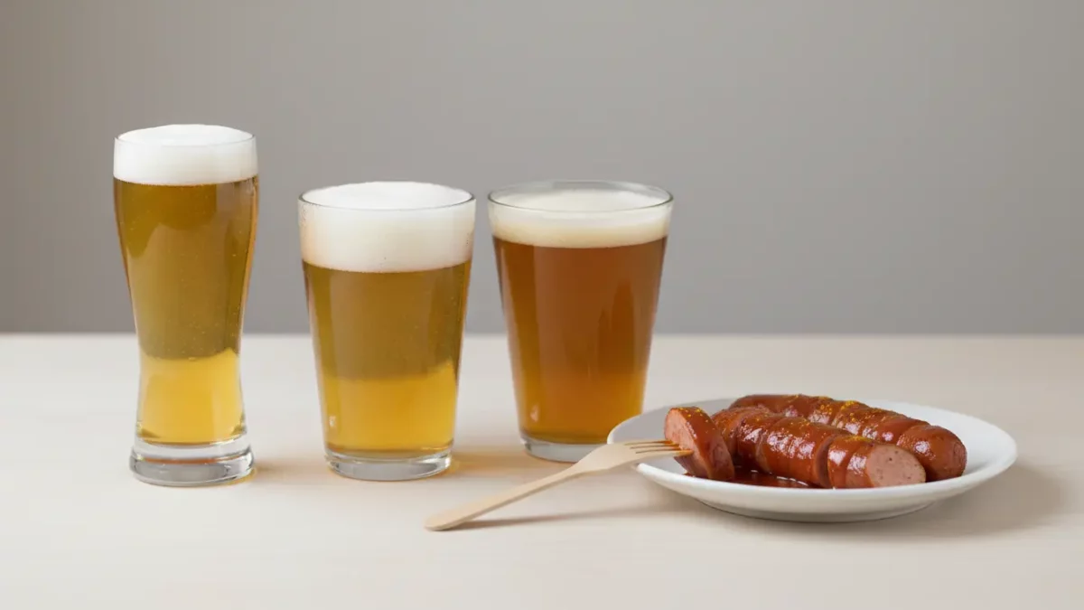 Drei Biergläser und Würstchen auf einem Teller