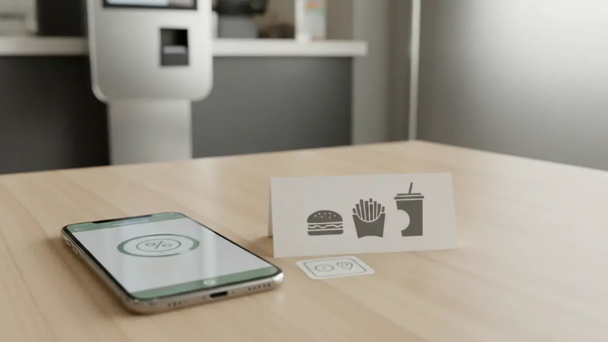 Smartphone liegt auf Holztisch neben Schild mit Burger, Pommes und Getränk.