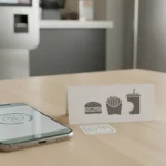 Smartphone liegt auf Holztisch neben Schild mit Burger, Pommes und Getränk.