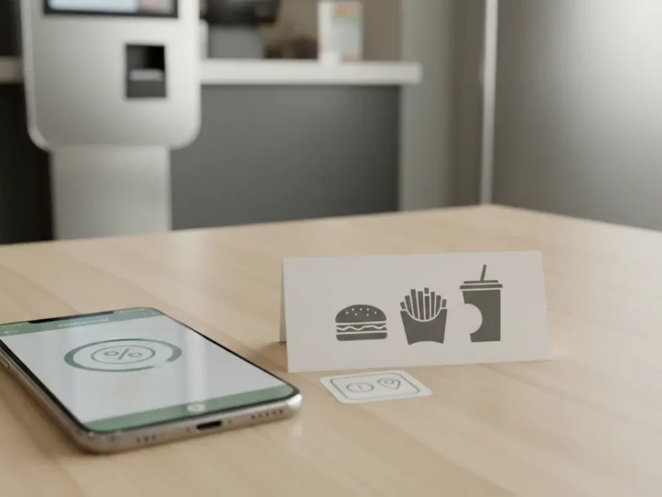 Smartphone liegt auf Holztisch neben Schild mit Burger, Pommes und Getränk.