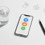 Smartphone mit Gutscheinen-App neben Glas Wasser und Stift.