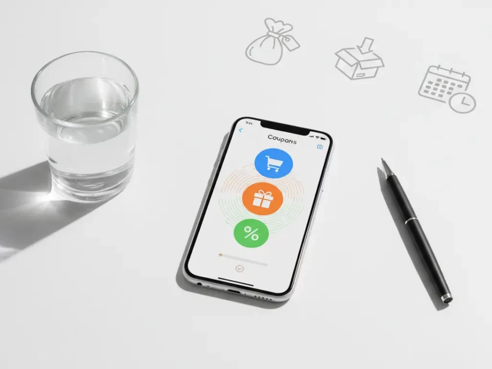 Smartphone mit Gutscheinen-App neben Glas Wasser und Stift.