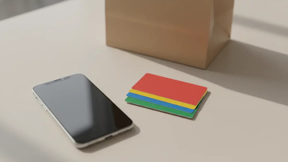Smartphone neben farbigen Kartenstapel auf dem Tisch.