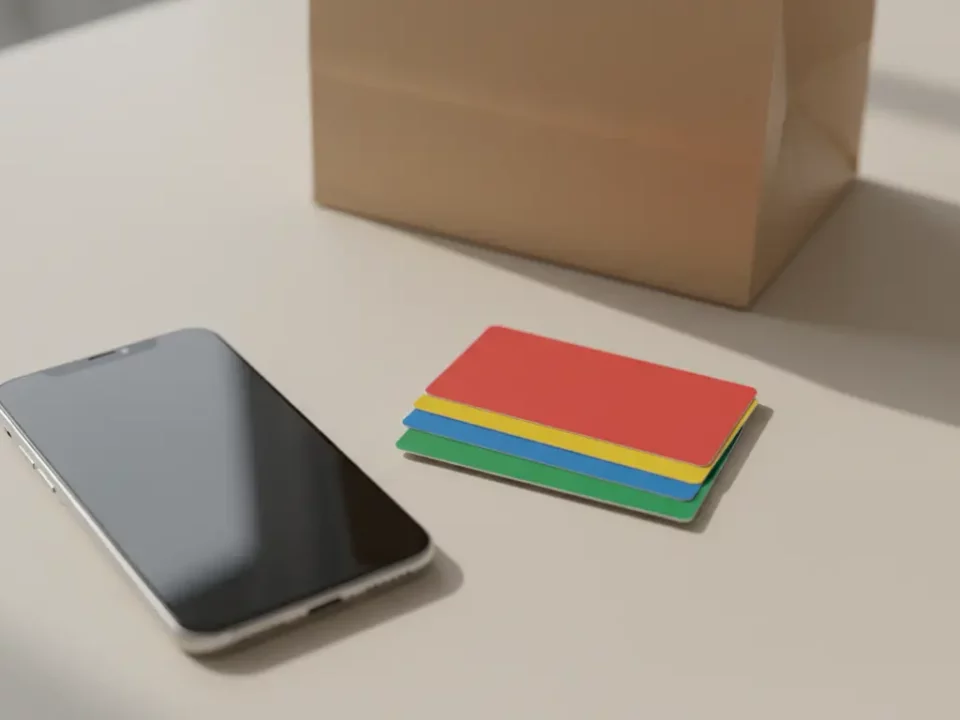 Smartphone neben farbigen Kartenstapel auf dem Tisch.