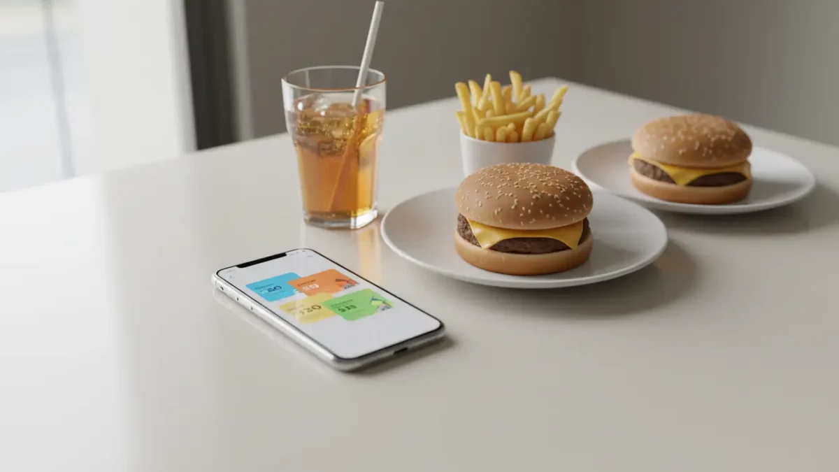 Zwei Hamburger mit Pommes, Getränk und Smartphone auf dem Tisch.