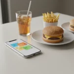 Zwei Hamburger mit Pommes, Getränk und Smartphone auf dem Tisch.