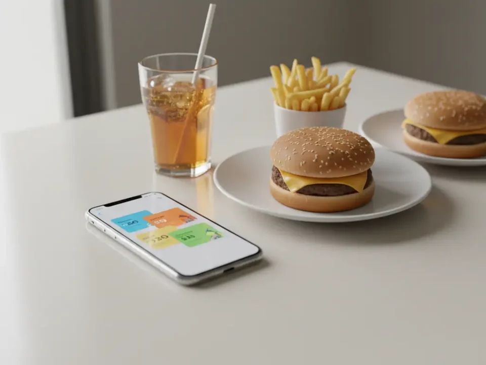 Zwei Hamburger mit Pommes, Getränk und Smartphone auf dem Tisch.