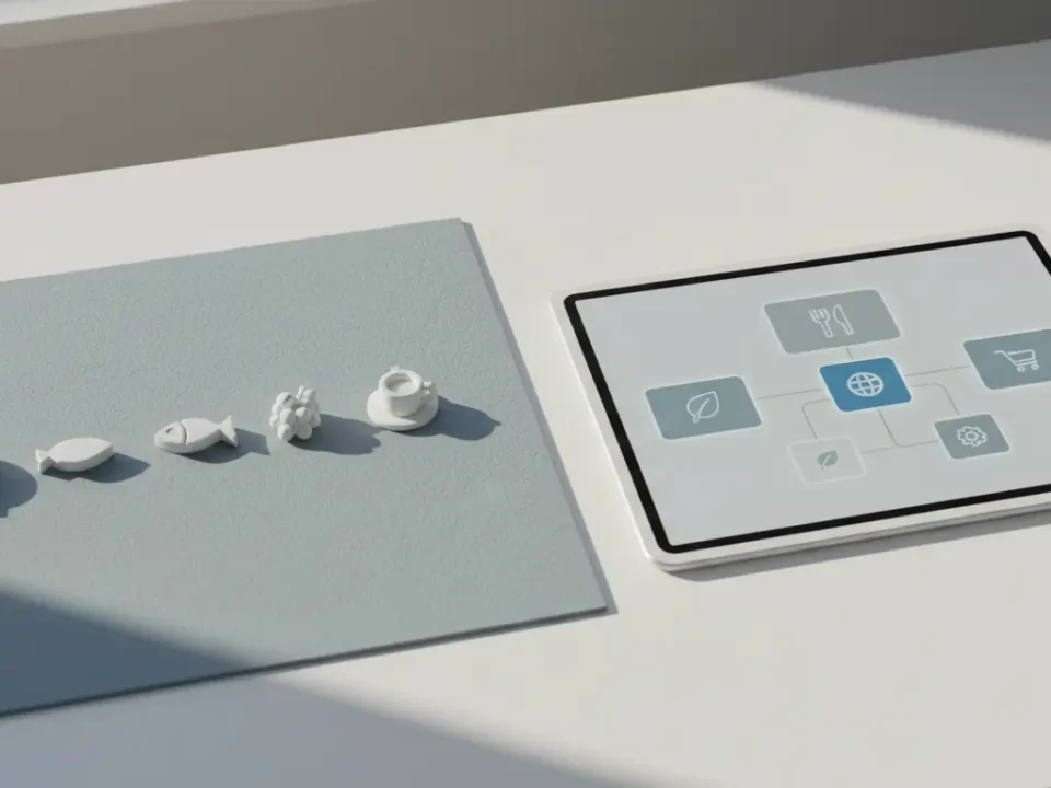 Tablet mit interaktiver Oberfläche neben 3D-Objekten.