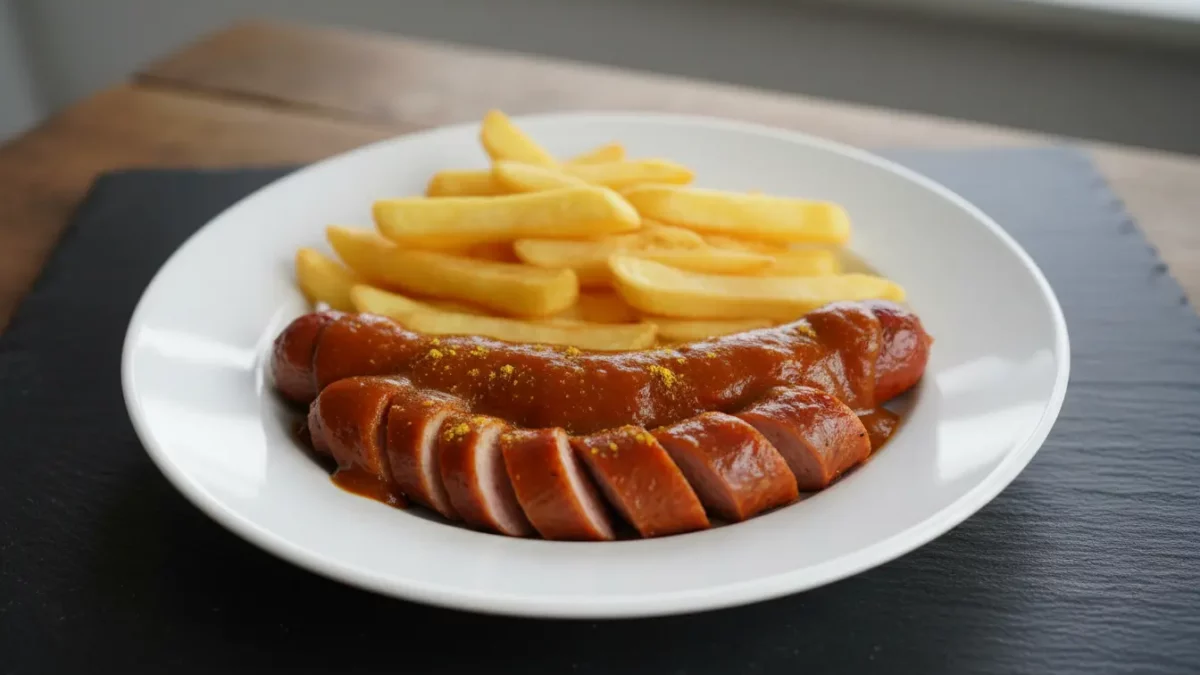 Würstchen mit Pommes auf weißem Teller.