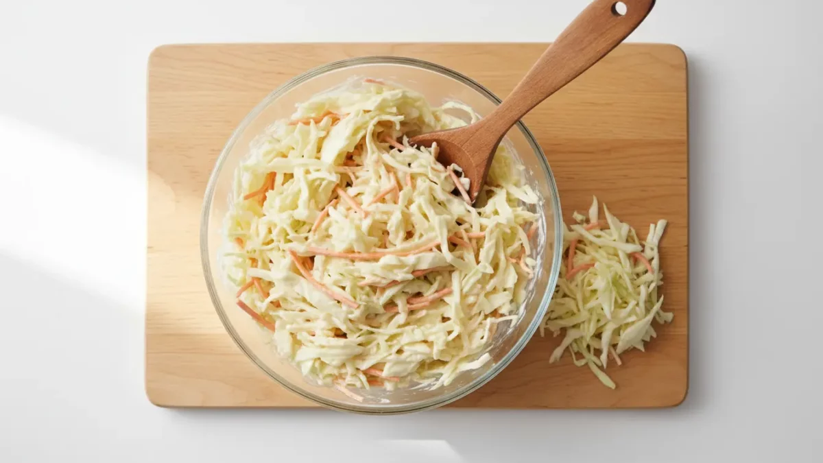 Gläserne Schüssel Krautsalat mit Karotten auf Holzbrett.
