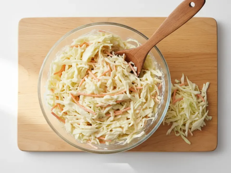 Gläserne Schüssel Krautsalat mit Karotten auf Holzbrett.