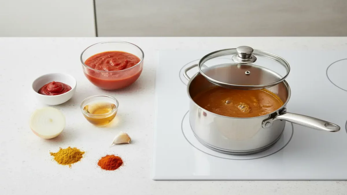 Kochtopf mit roter Sauce auf dem Herd, Zutaten daneben.
