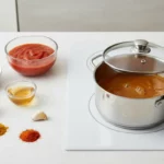 Kochtopf mit roter Sauce auf dem Herd, Zutaten daneben.