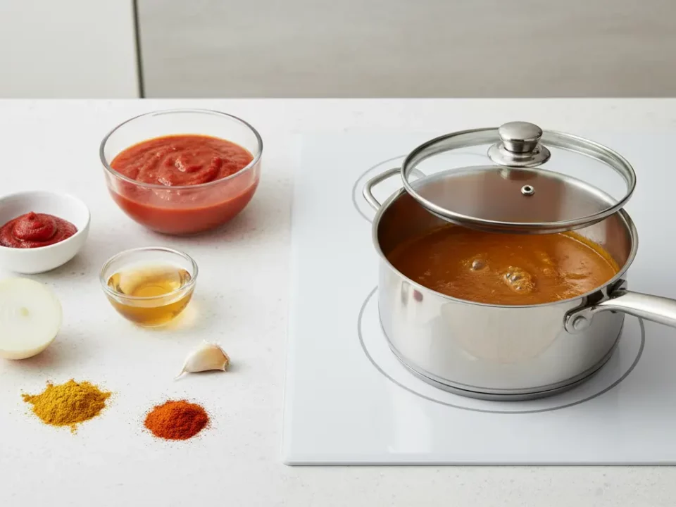 Kochtopf mit roter Sauce auf dem Herd, Zutaten daneben.