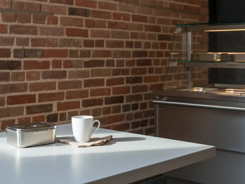 Weiße Tischplatte mit Metallbox und Kaffeebecher vor Backsteinwand.
