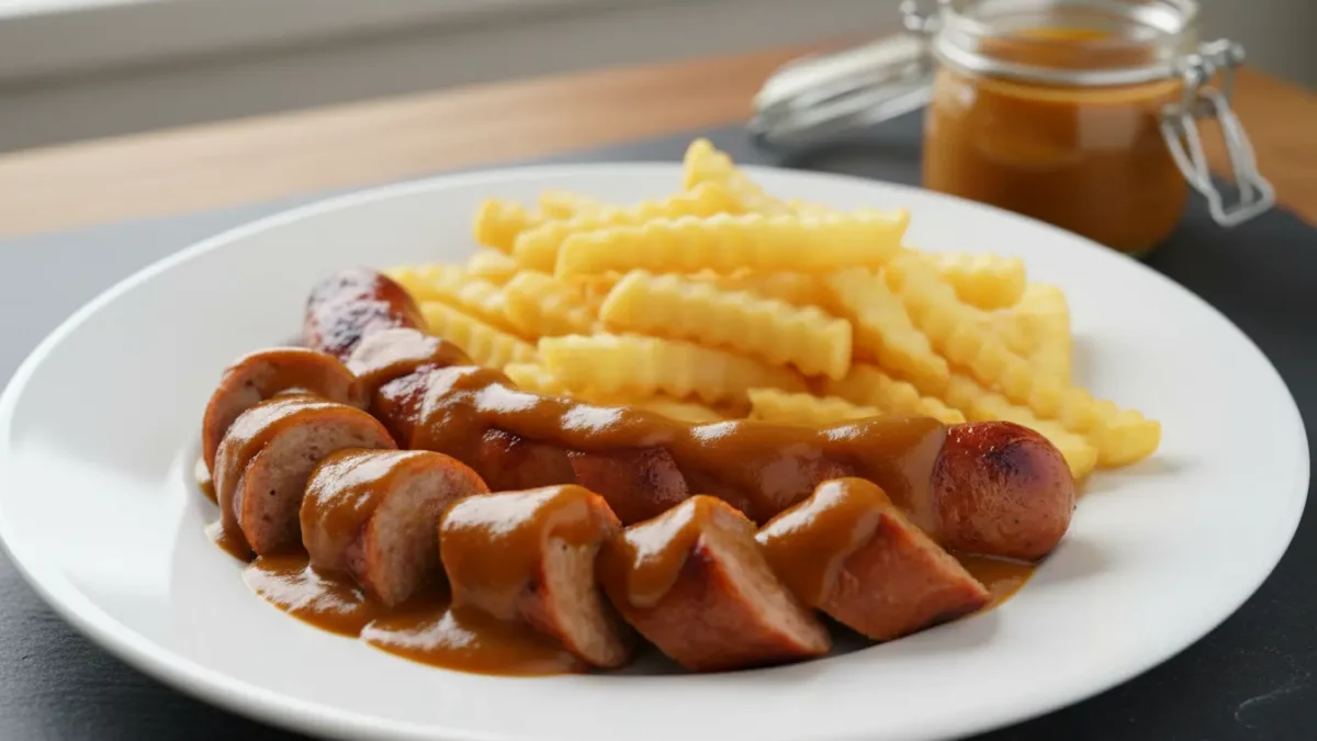 Würstchen, Pommes und Bratensauce auf weißem Teller.