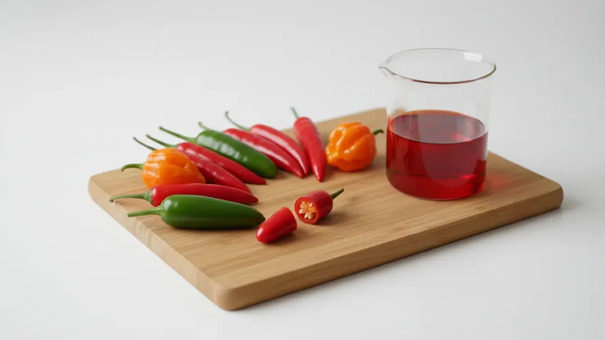 Verschiedene Chilischoten auf Holzbrett neben Becherglas mit rotem Saft