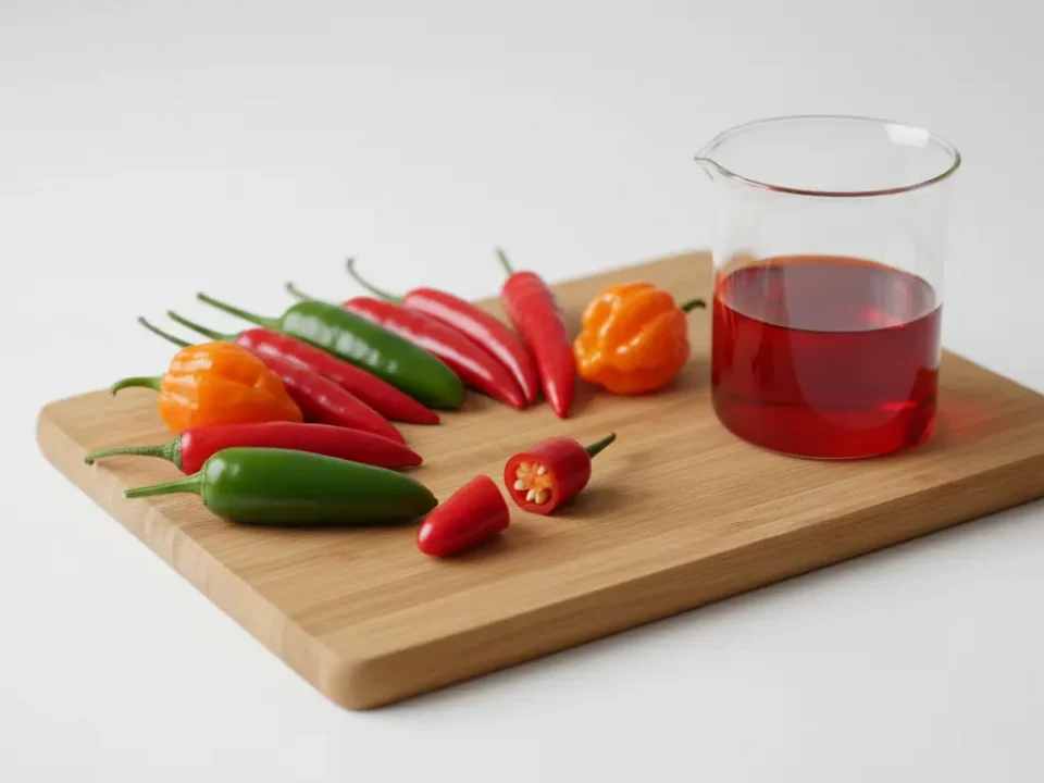 Verschiedene Chilischoten auf Holzbrett neben Becherglas mit rotem Saft