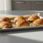 Backblech mit gebräunten Hähnchenstücken auf Backpapier